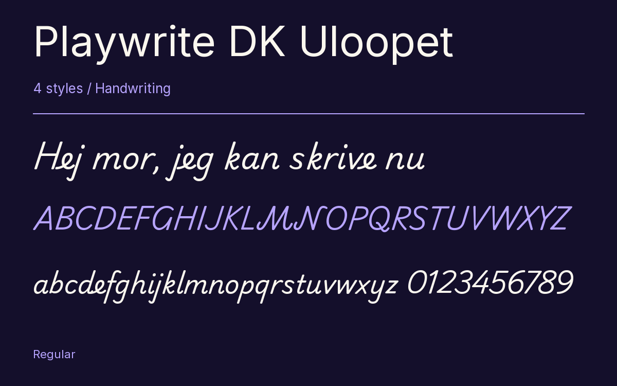 Playwrite DK Uloopet type specimen with letters and figures
