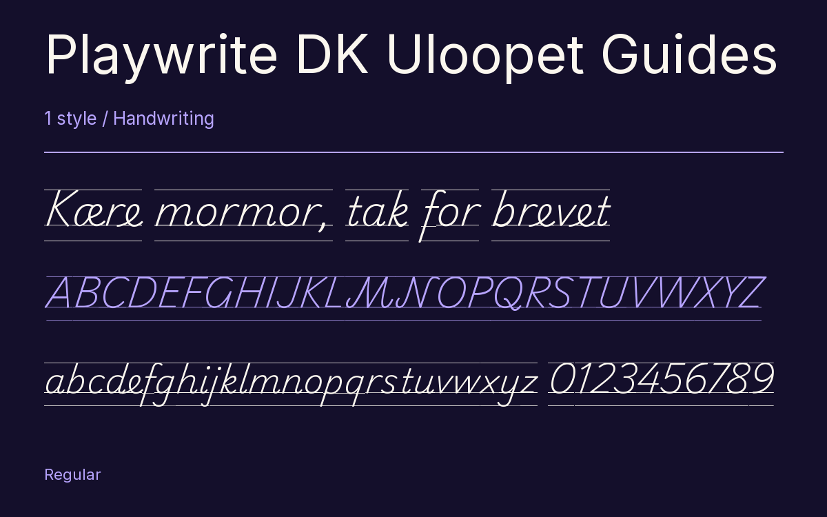 Playwrite DK Uloopet Guides type specimen with letters and figures