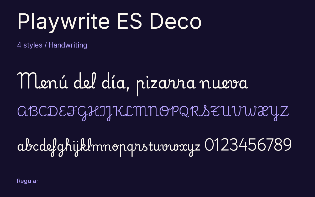 Playwrite ES Deco type specimen with letters and figures