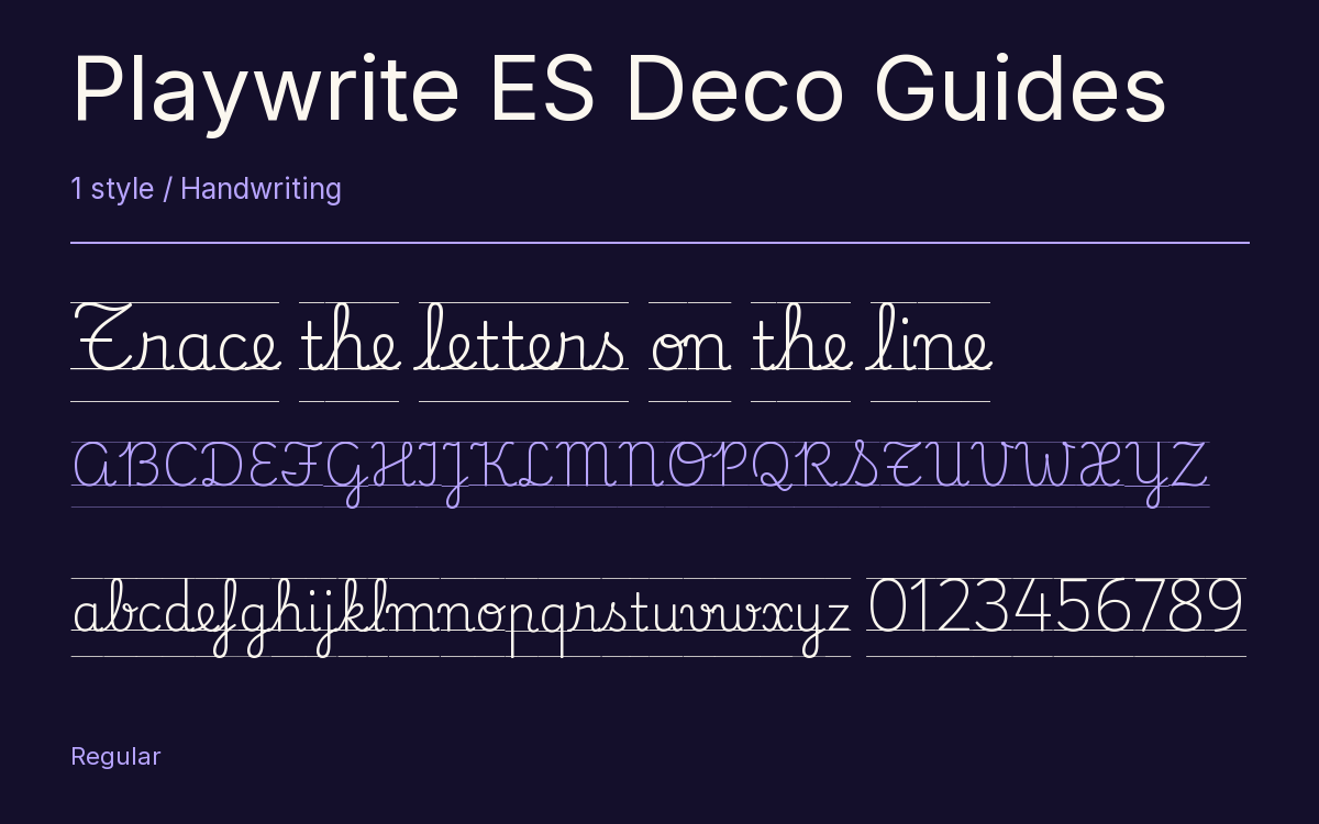 Playwrite ES Deco Guides type specimen with letters and figures