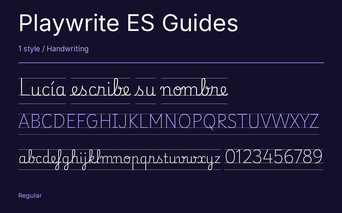 Playwrite ES Guides type specimen with letters and figures