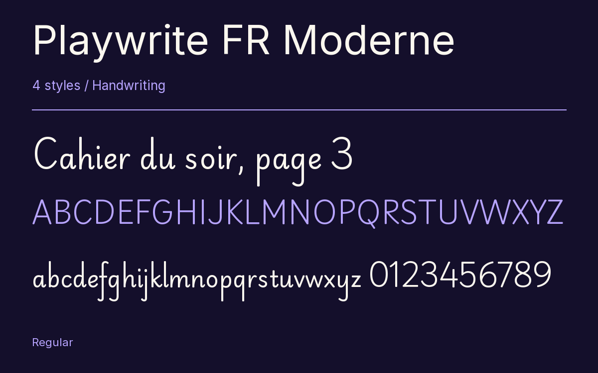 Playwrite FR Moderne type specimen with letters and figures