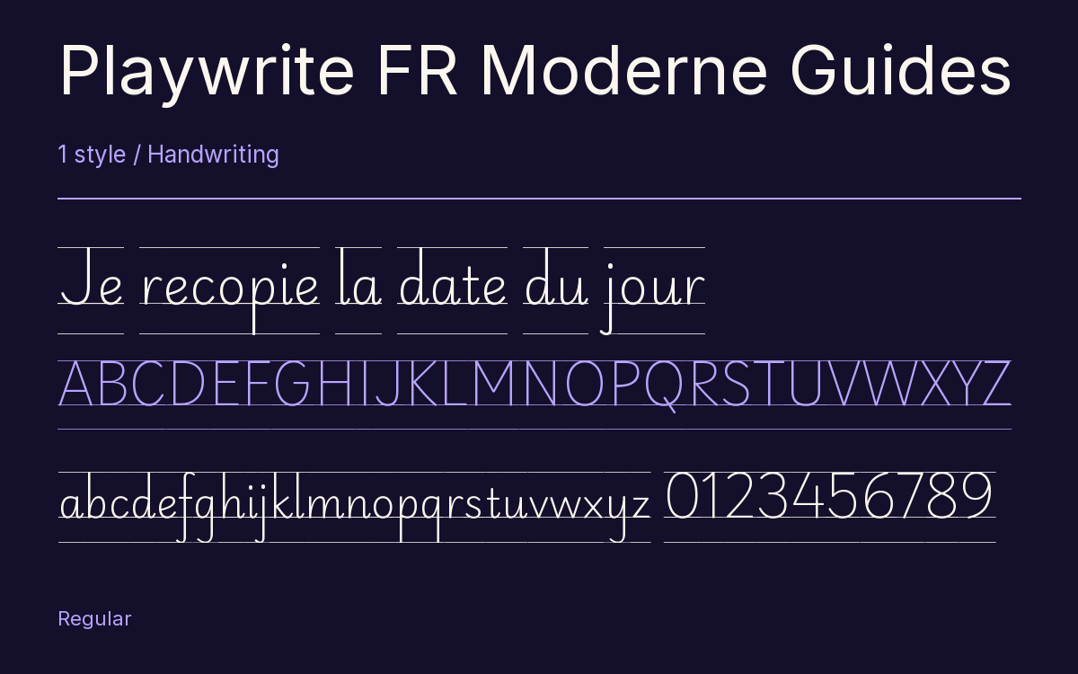 Playwrite FR Moderne Guides type specimen with letters and figures