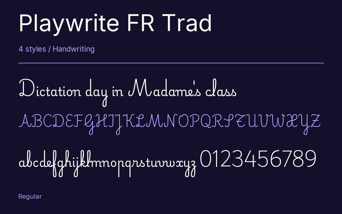 Playwrite FR Trad type specimen with letters and figures