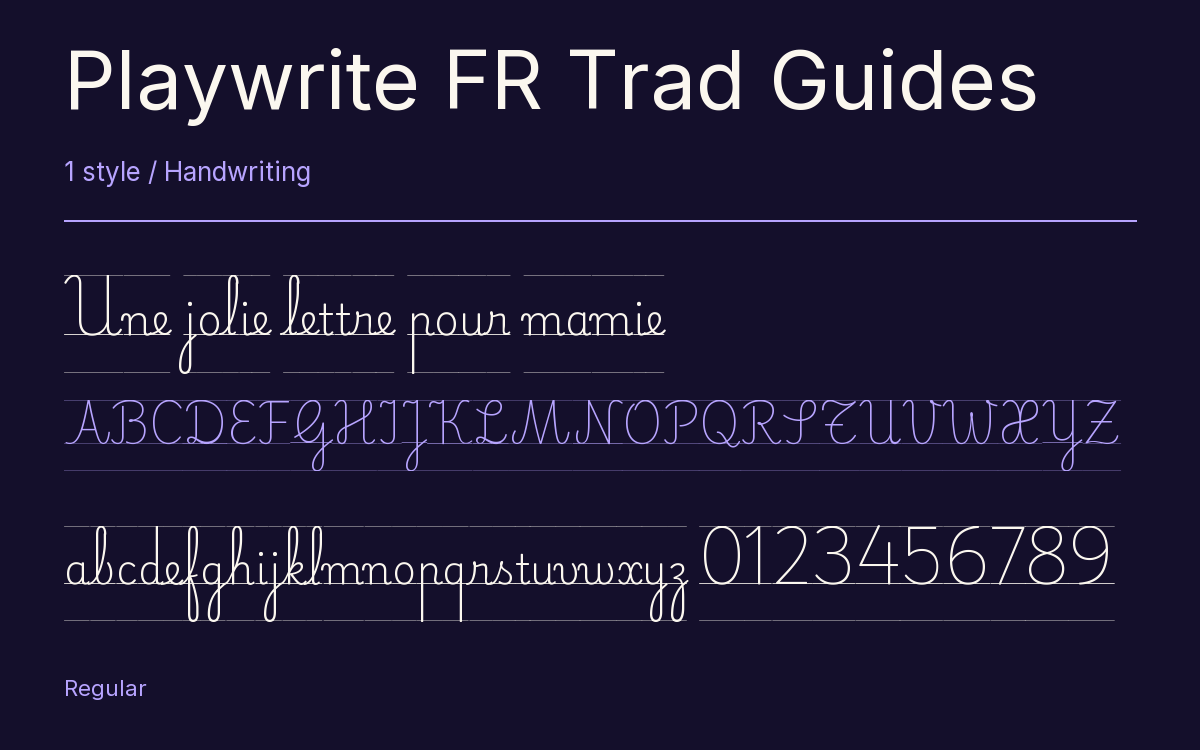 Playwrite FR Trad Guides type specimen with letters and figures
