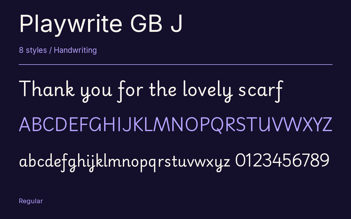 Playwrite GB J type specimen with letters and figures