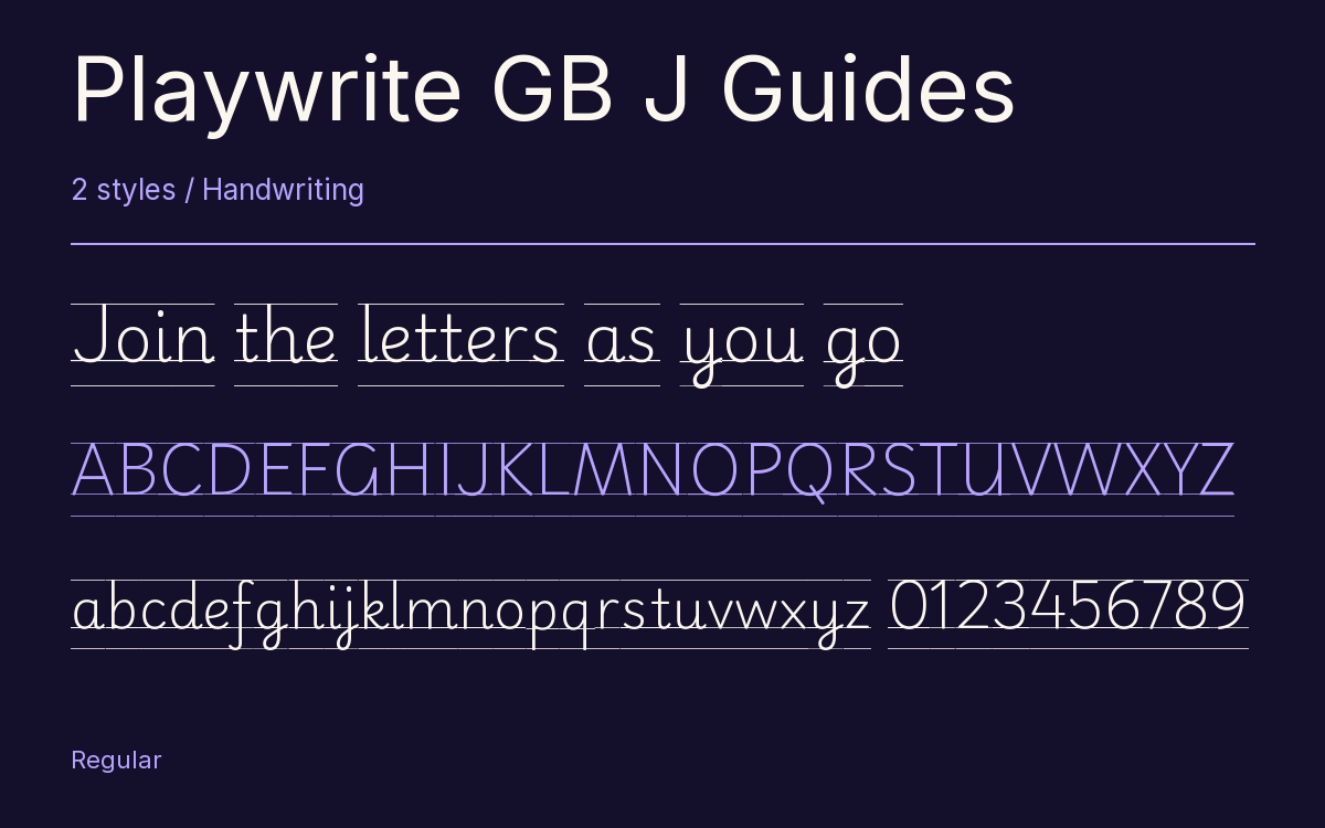 Playwrite GB J Guides type specimen with letters and figures