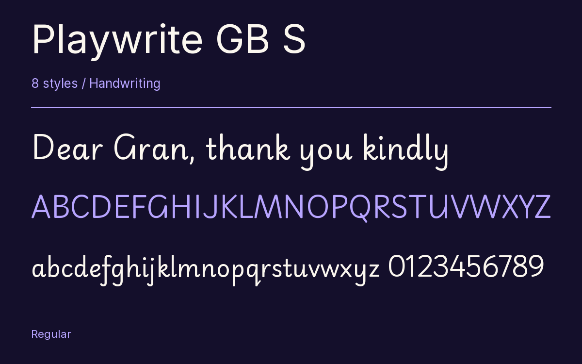 Playwrite GB S type specimen with letters and figures