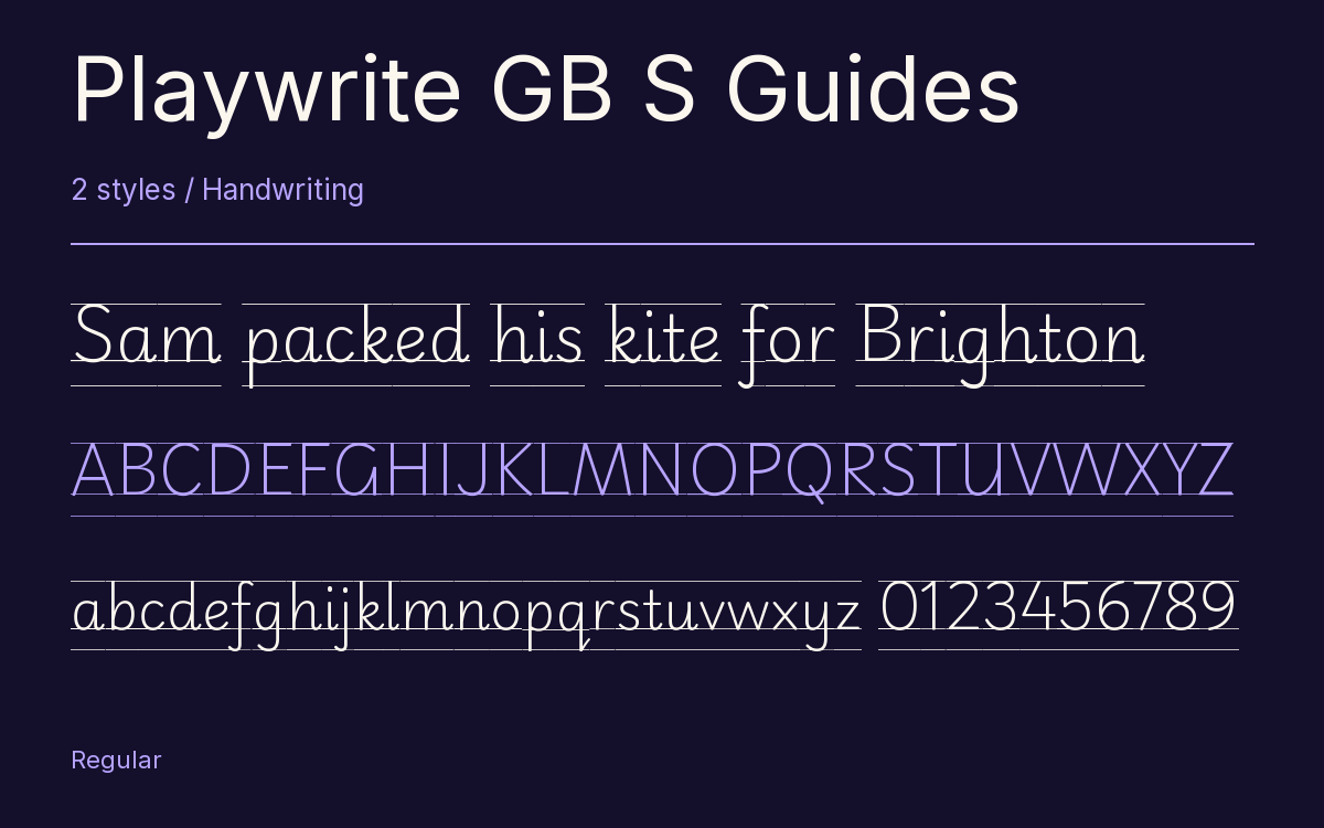 Playwrite GB S Guides type specimen with letters and figures