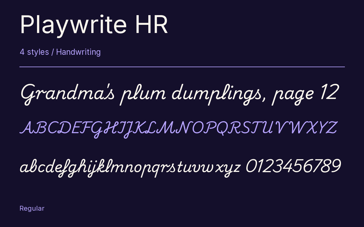 Playwrite HR type specimen with letters and figures