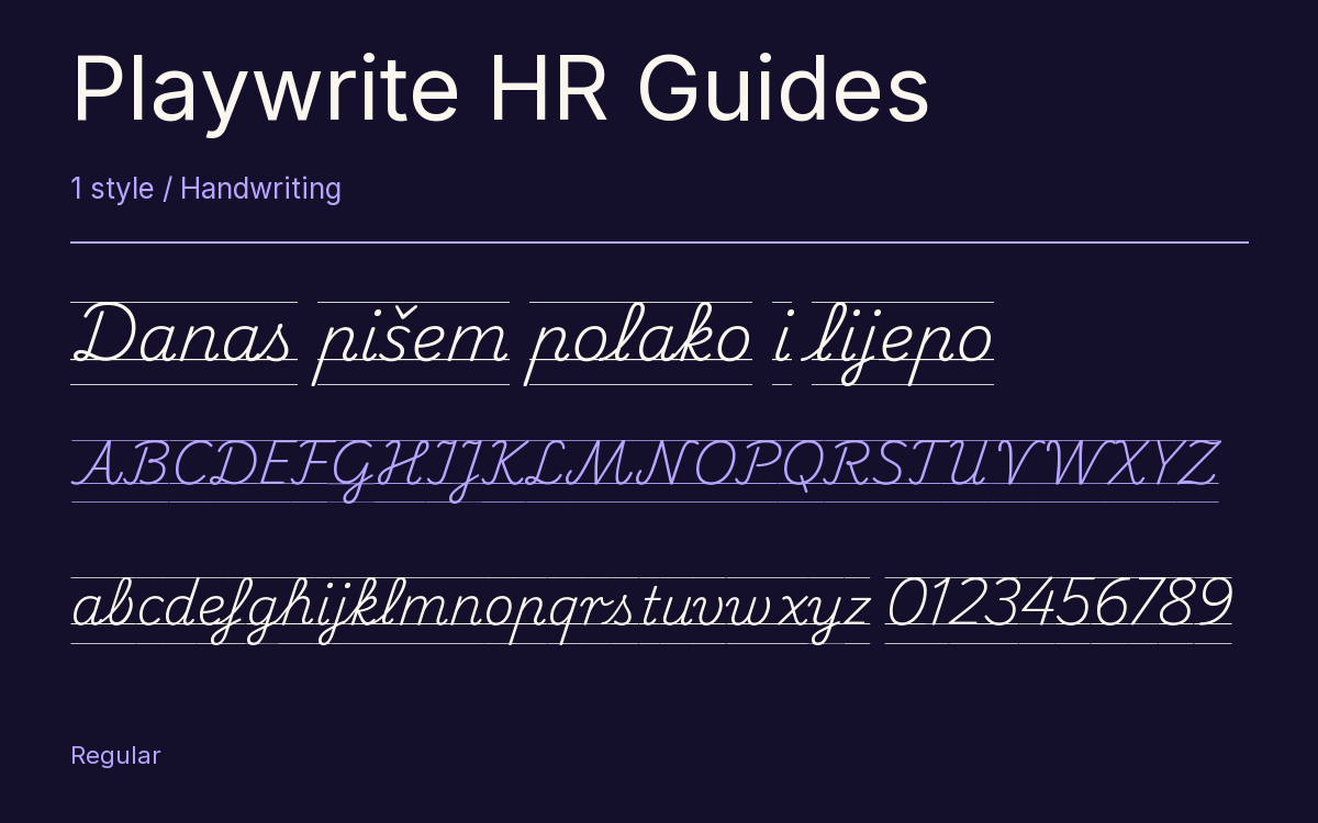 Playwrite HR Guides type specimen with letters and figures