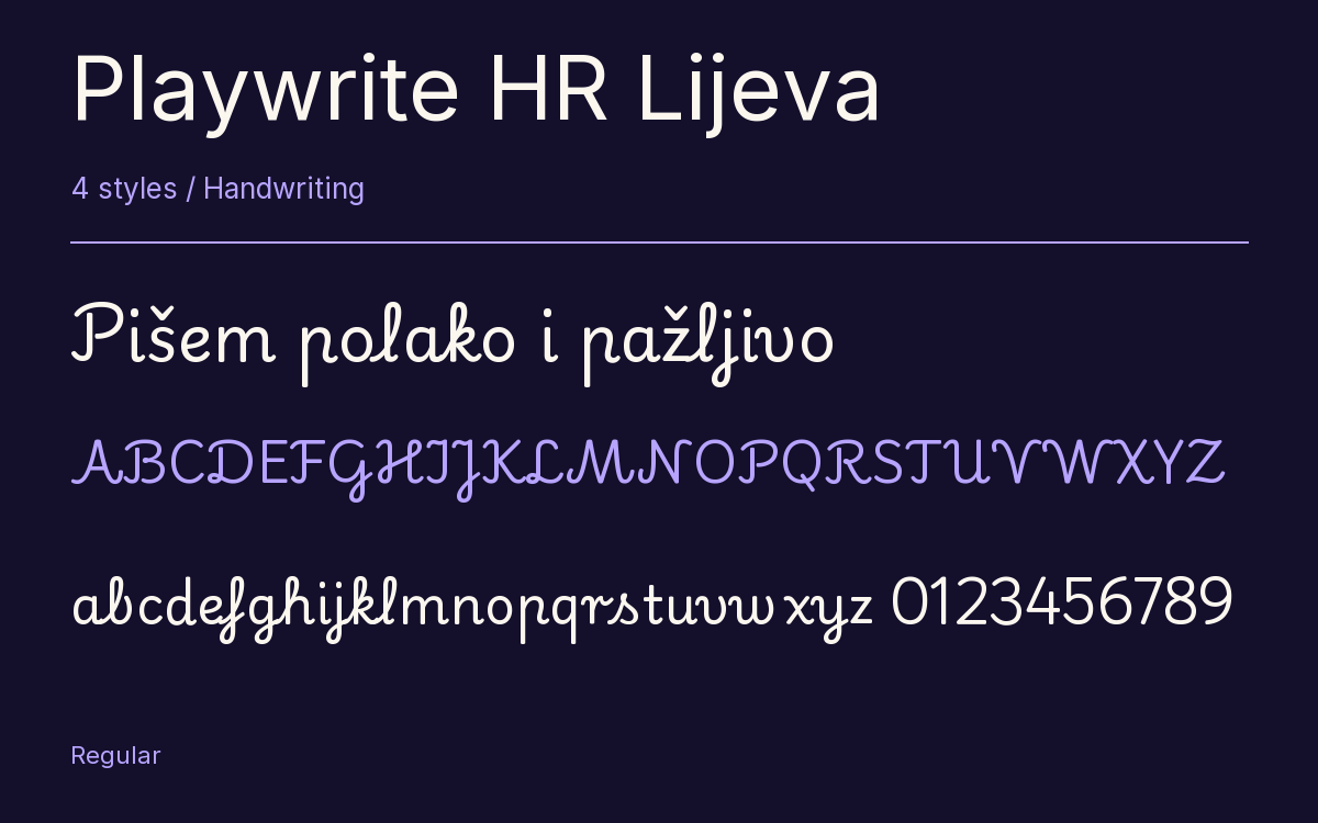 Playwrite HR Lijeva type specimen with letters and figures