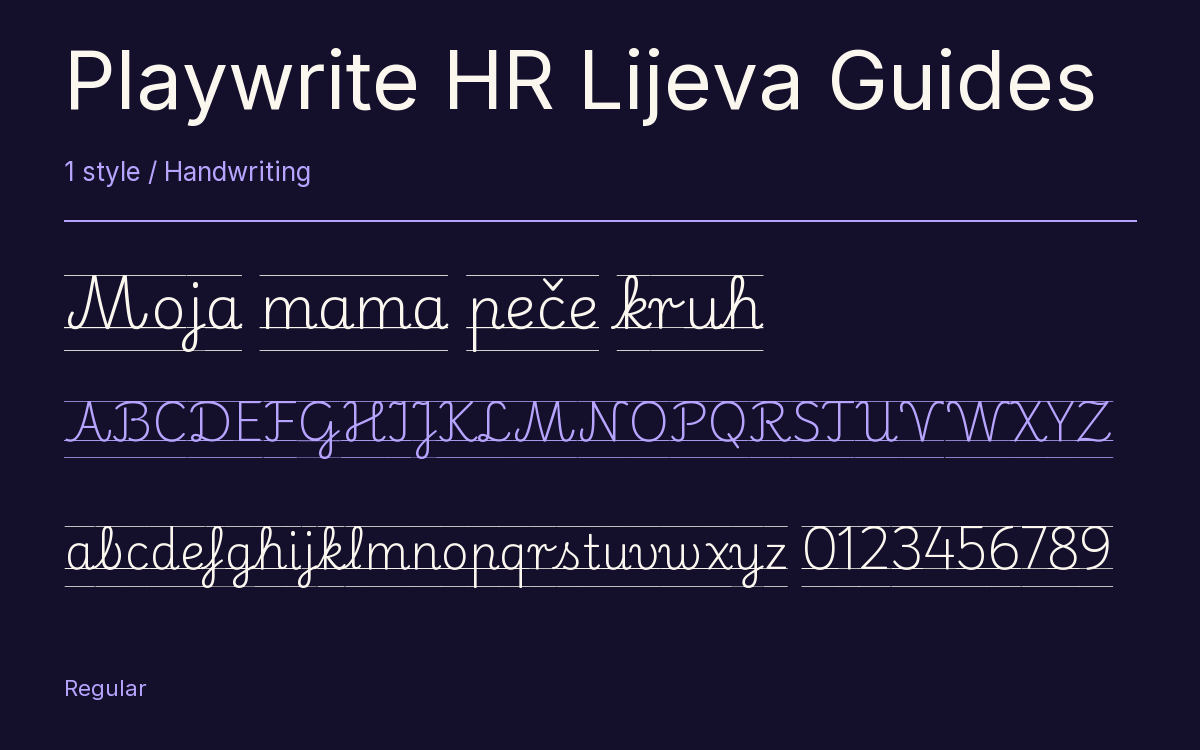 Playwrite HR Lijeva Guides type specimen with letters and figures