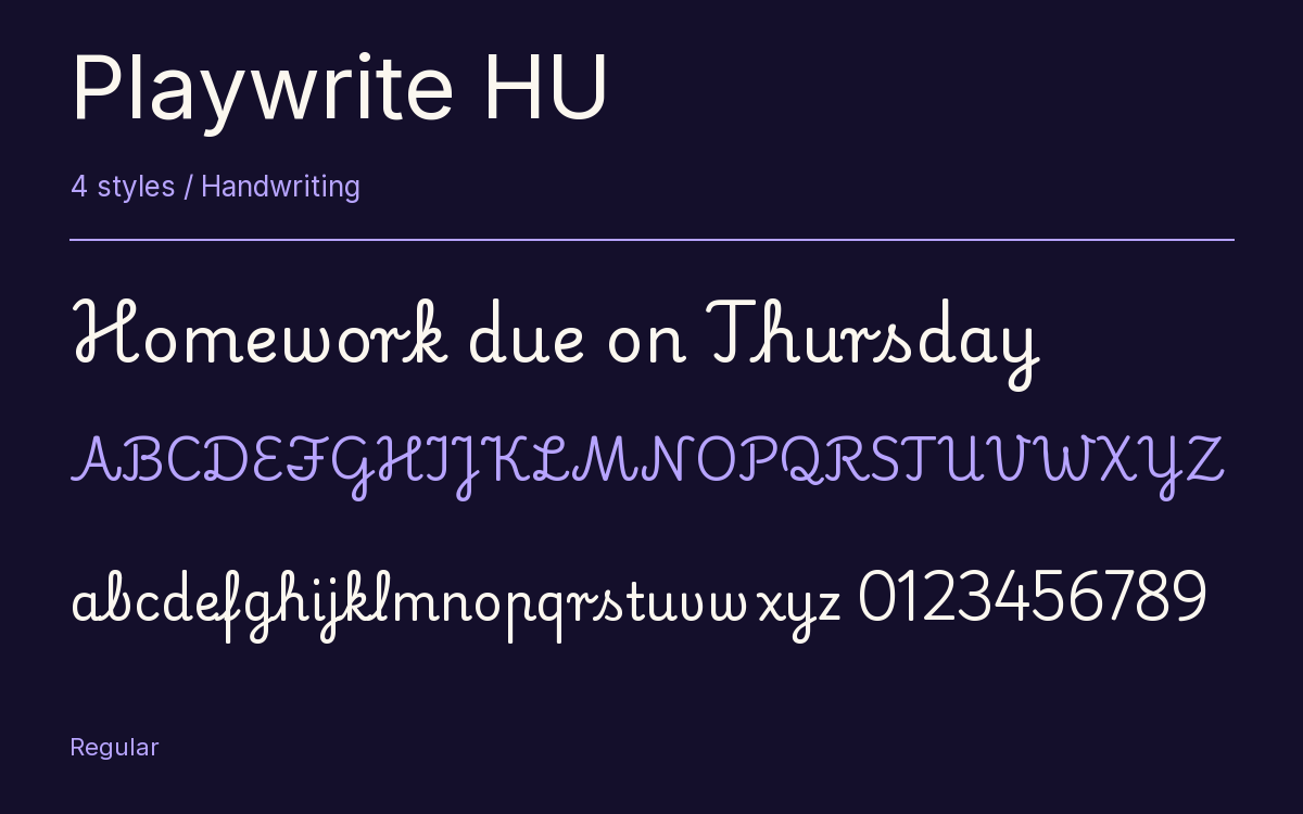Playwrite HU type specimen with letters and figures