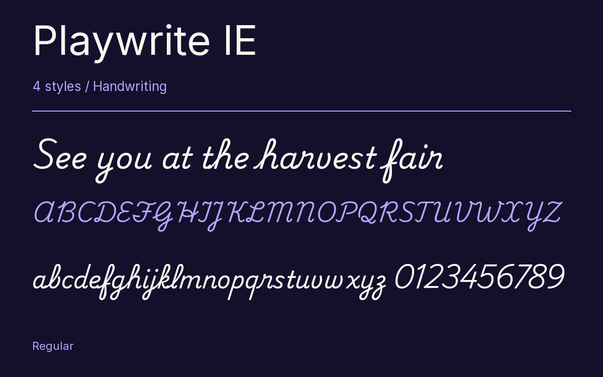 Playwrite IE type specimen with letters and figures