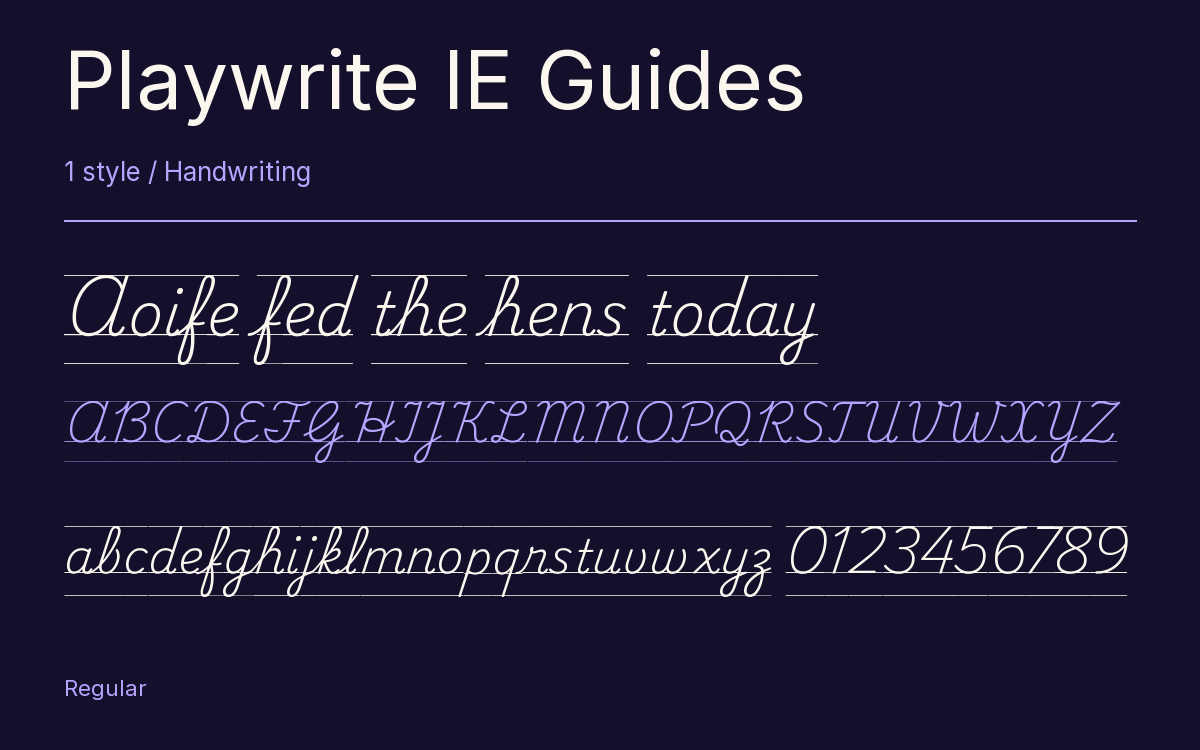 Playwrite IE Guides type specimen with letters and figures