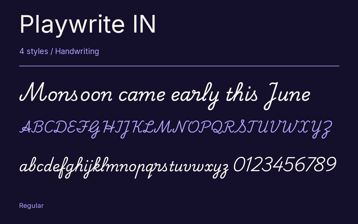 Playwrite IN type specimen with letters and figures