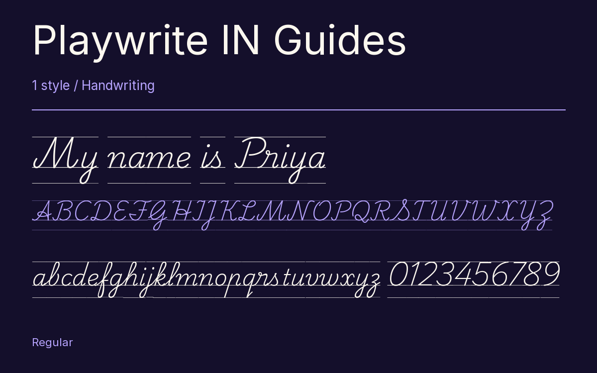 Playwrite IN Guides type specimen with letters and figures