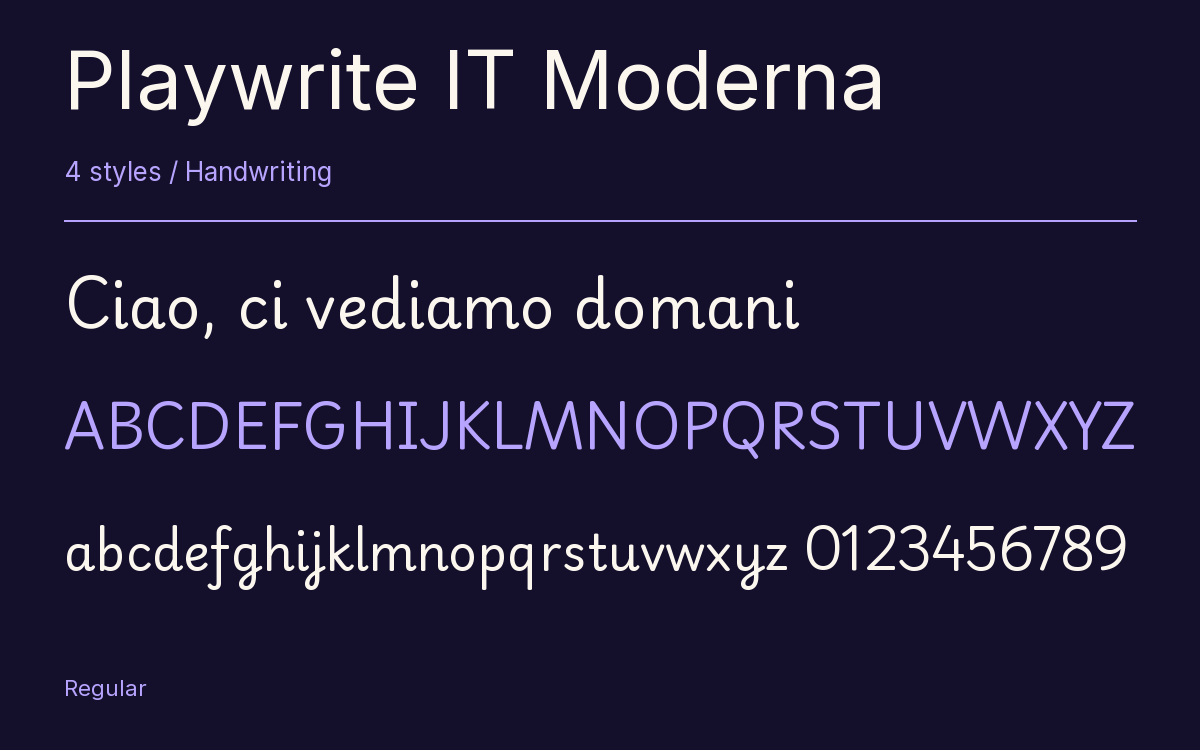 Playwrite IT Moderna type specimen with letters and figures