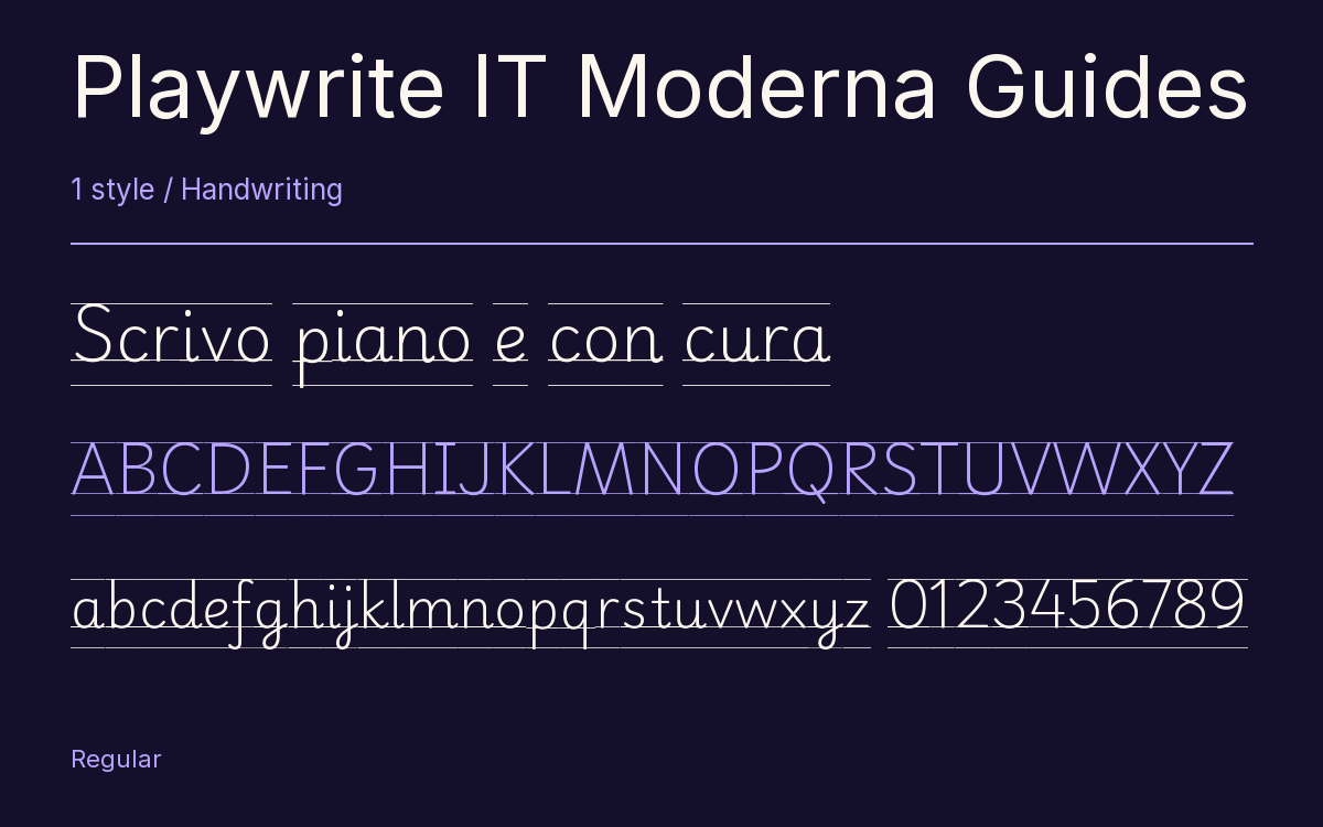 Playwrite IT Moderna Guides type specimen with letters and figures
