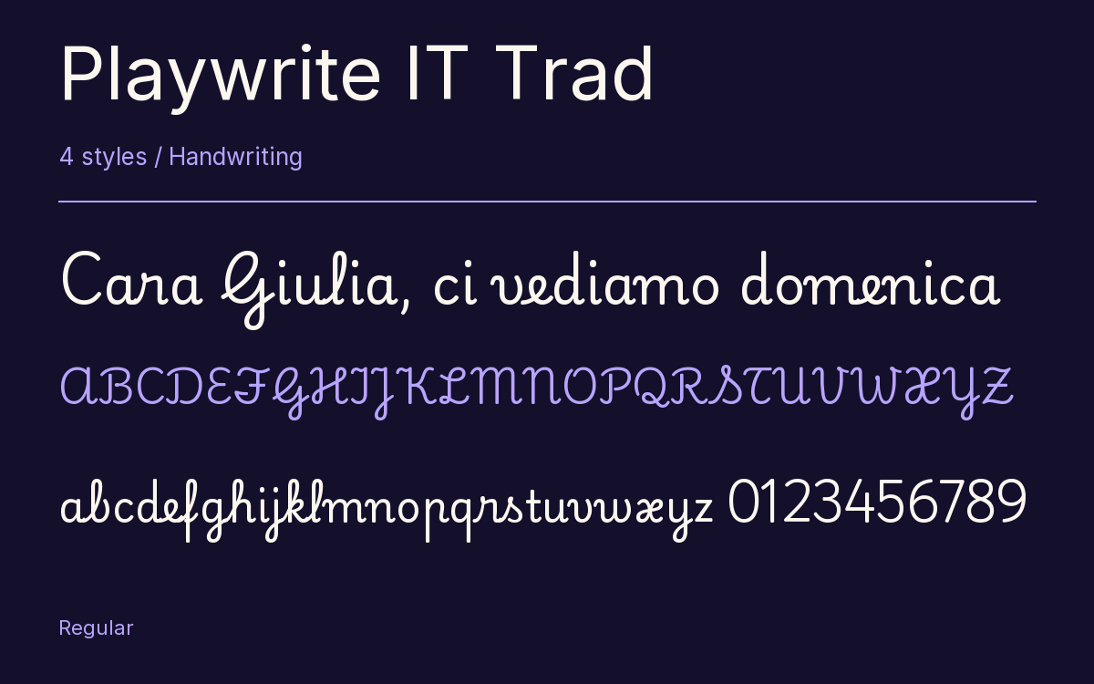 Playwrite IT Trad type specimen with letters and figures