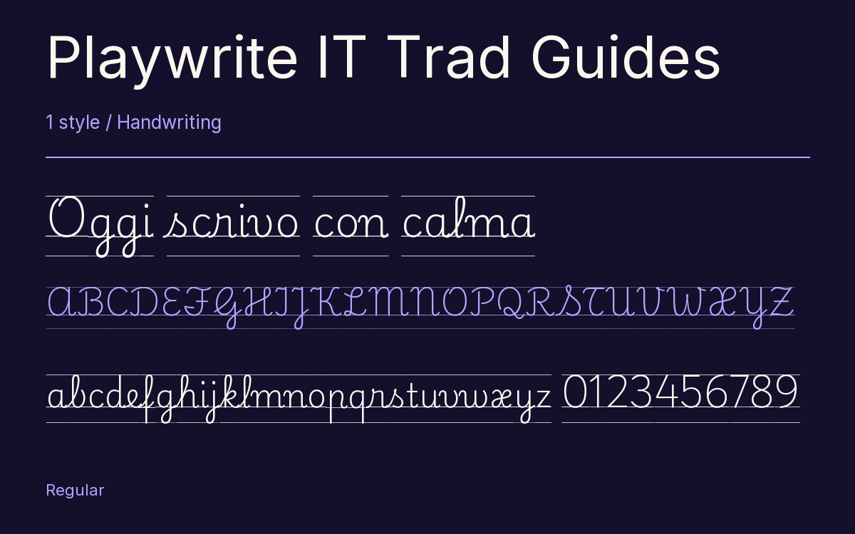 Playwrite IT Trad Guides type specimen with letters and figures