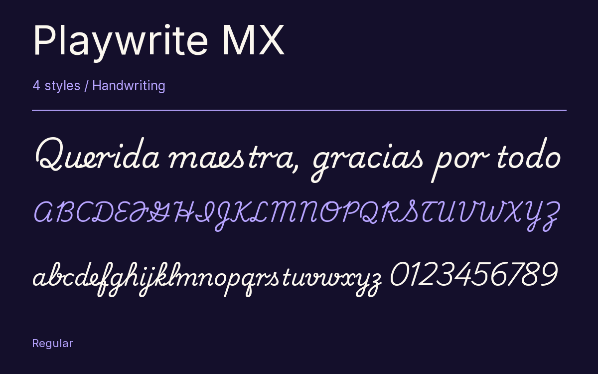 Playwrite MX type specimen with letters and figures