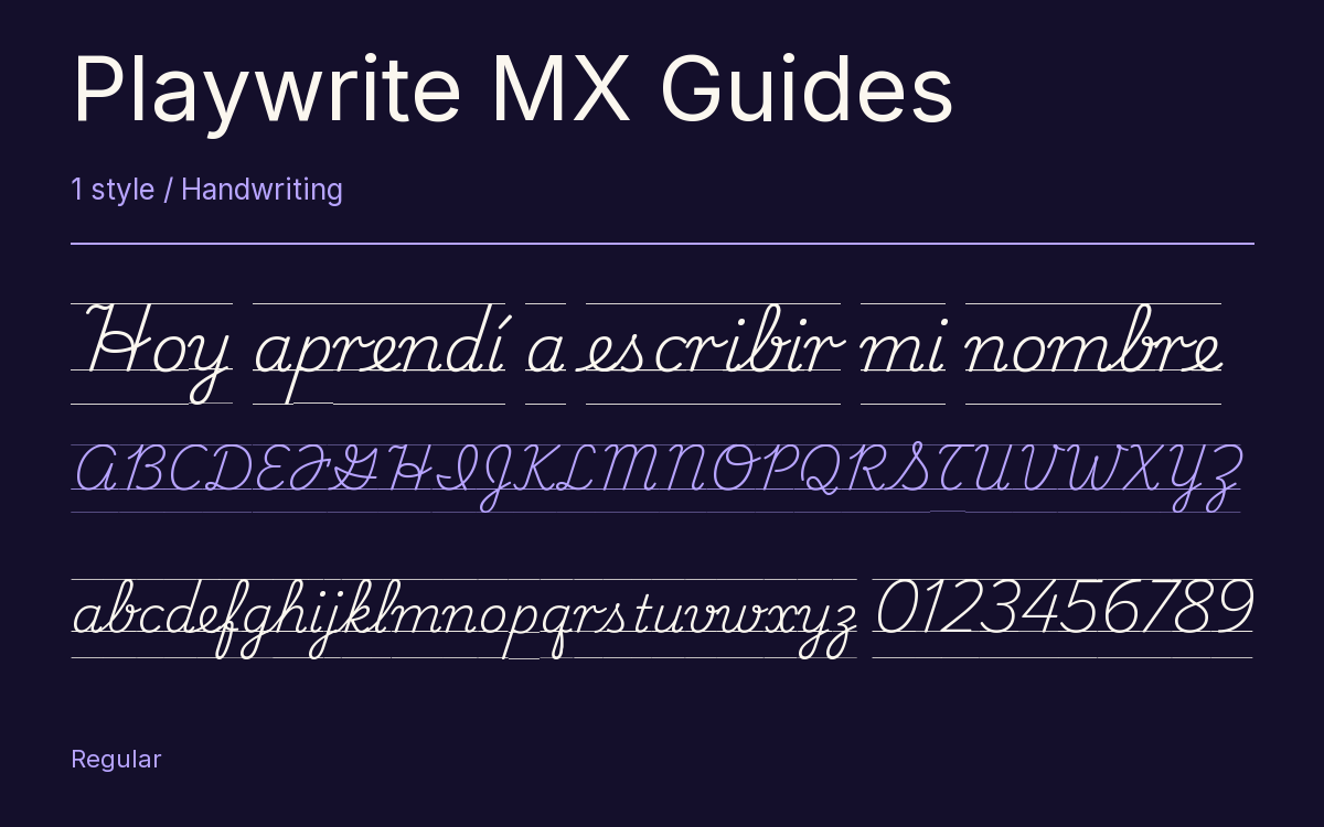 Playwrite MX Guides type specimen with letters and figures