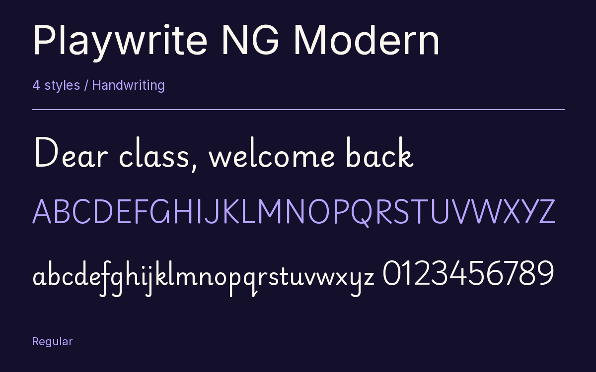 Playwrite NG Modern type specimen with letters and figures