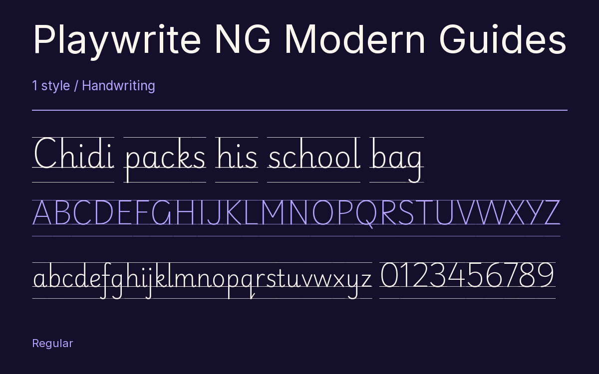 Playwrite NG Modern Guides type specimen with letters and figures