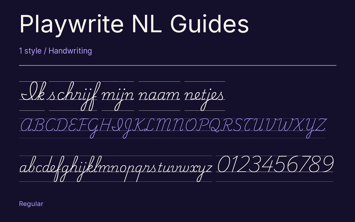 Playwrite NL Guides type specimen with letters and figures