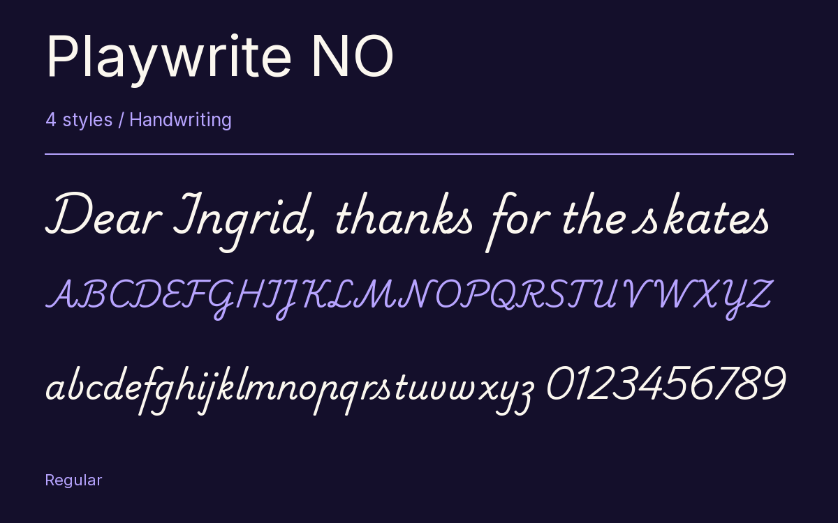 Playwrite NO type specimen with letters and figures