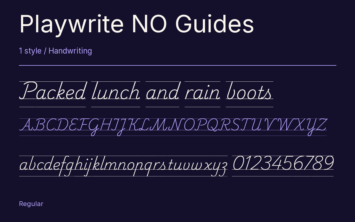 Playwrite NO Guides type specimen with letters and figures