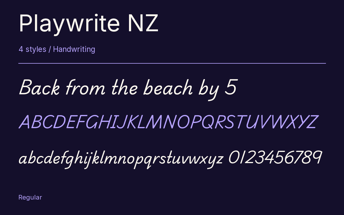 Playwrite NZ type specimen with letters and figures