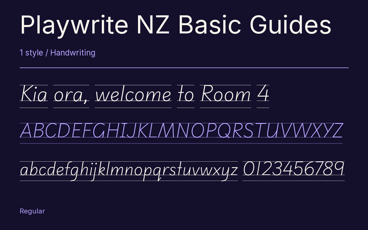 Playwrite NZ Basic Guides type specimen with letters and figures