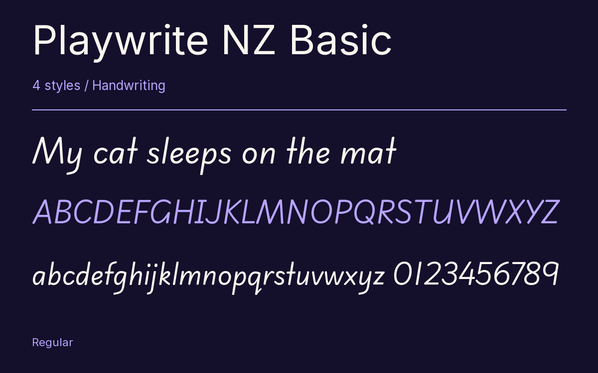 Playwrite NZ Basic type specimen with letters and figures