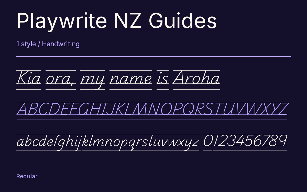 Playwrite NZ Guides type specimen with letters and figures