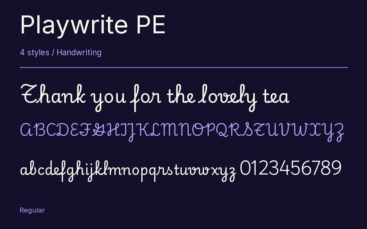 Playwrite PE type specimen with letters and figures