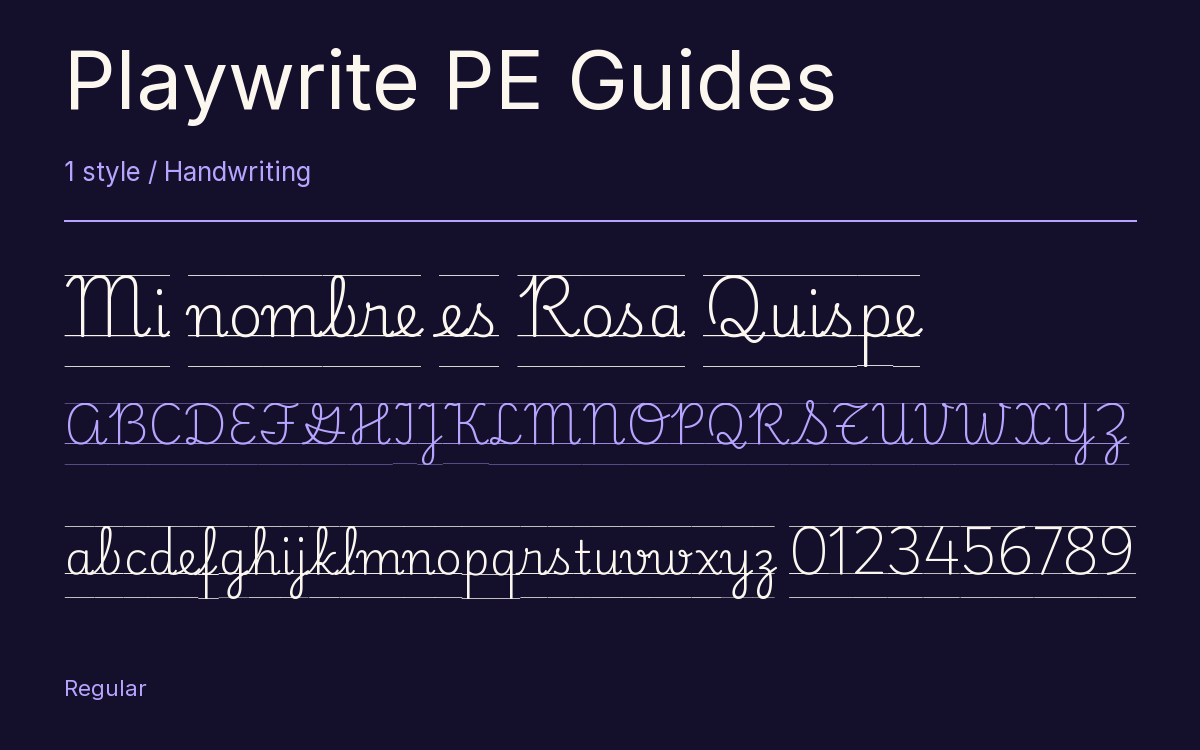 Playwrite PE Guides type specimen with letters and figures