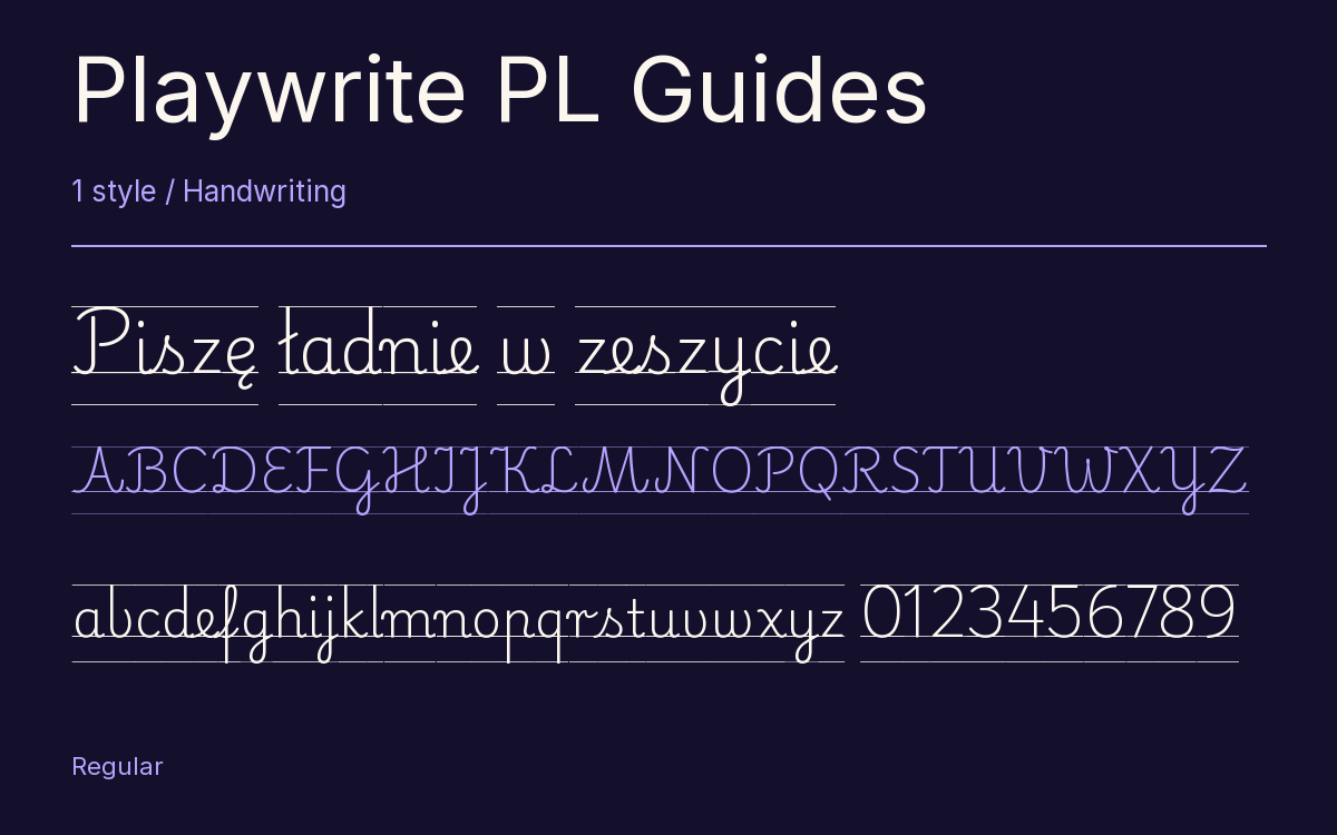 Playwrite PL Guides type specimen with letters and figures