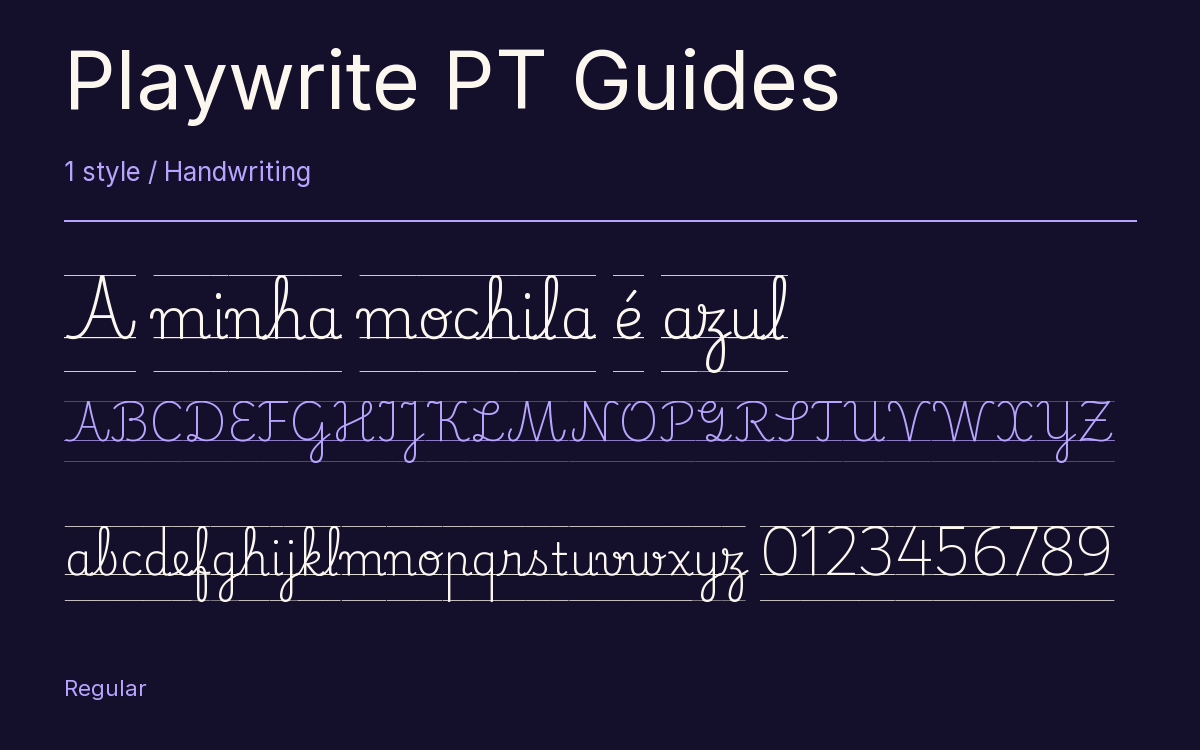 Playwrite PT Guides type specimen with letters and figures