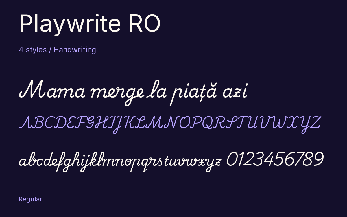 Playwrite RO type specimen with letters and figures