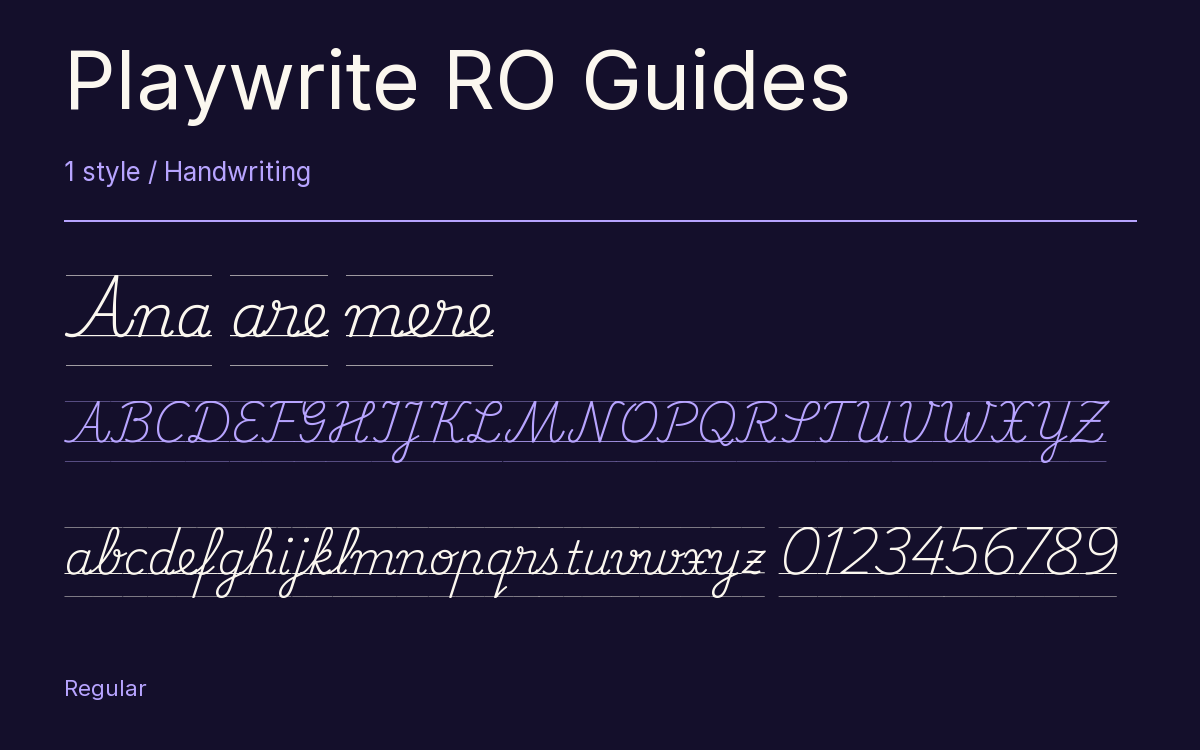 Playwrite RO Guides type specimen with letters and figures