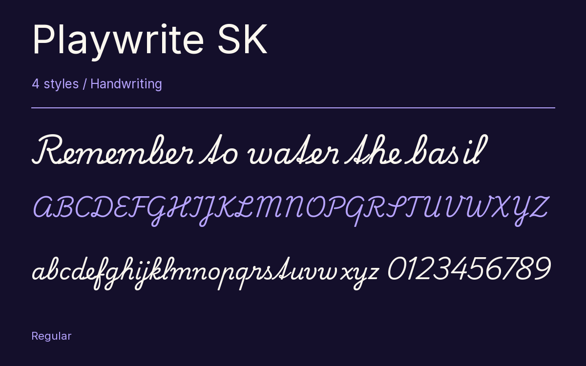 Playwrite SK type specimen with letters and figures