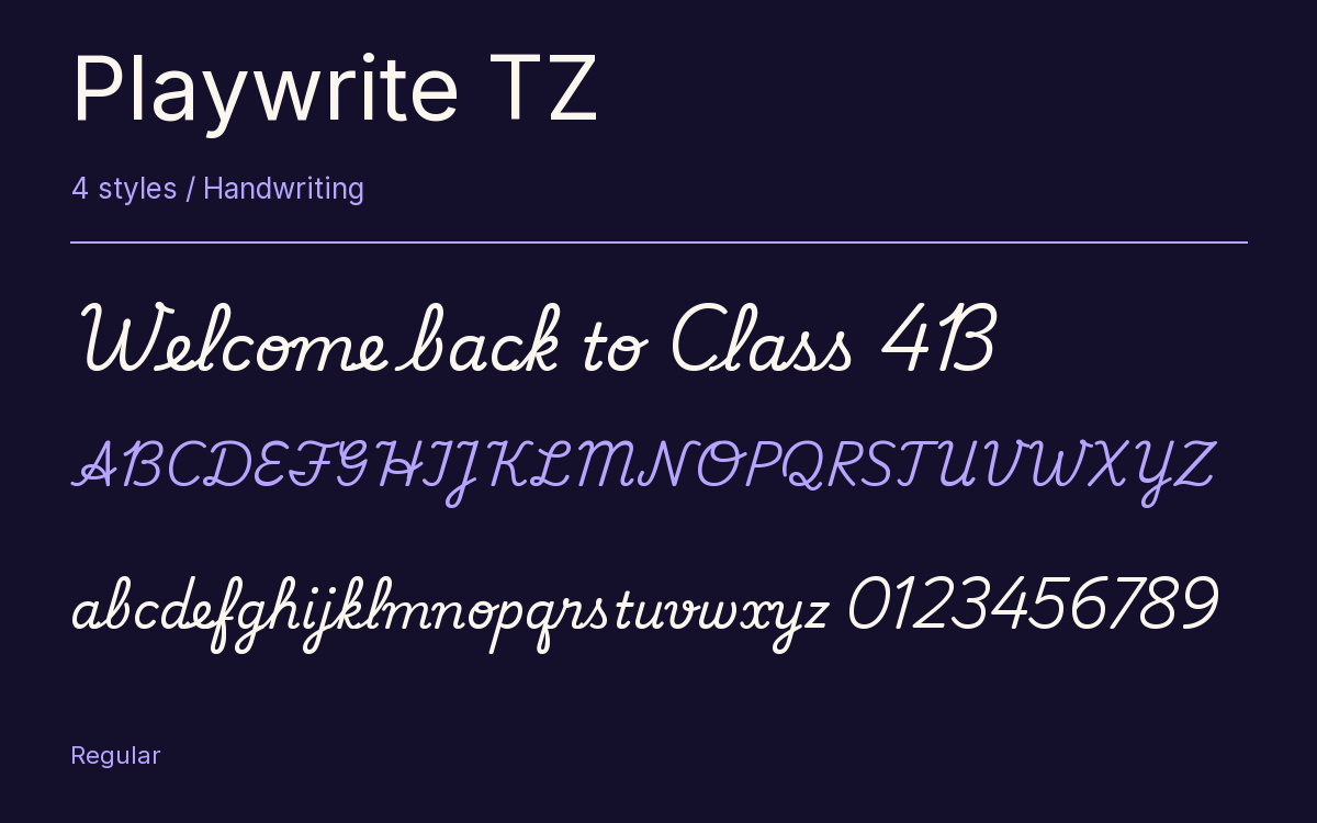 Playwrite TZ type specimen with letters and figures