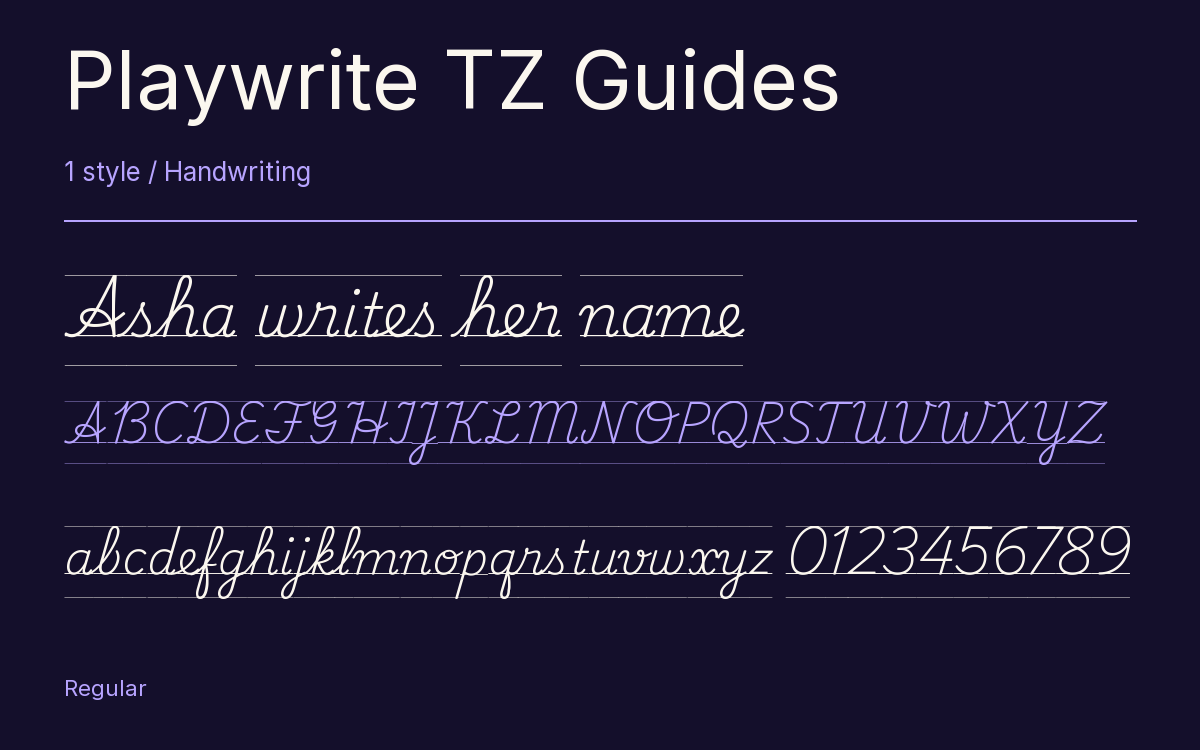 Playwrite TZ Guides type specimen with letters and figures
