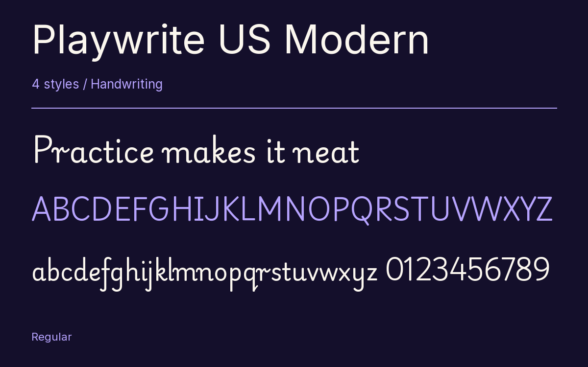 Playwrite US Modern type specimen with letters and figures