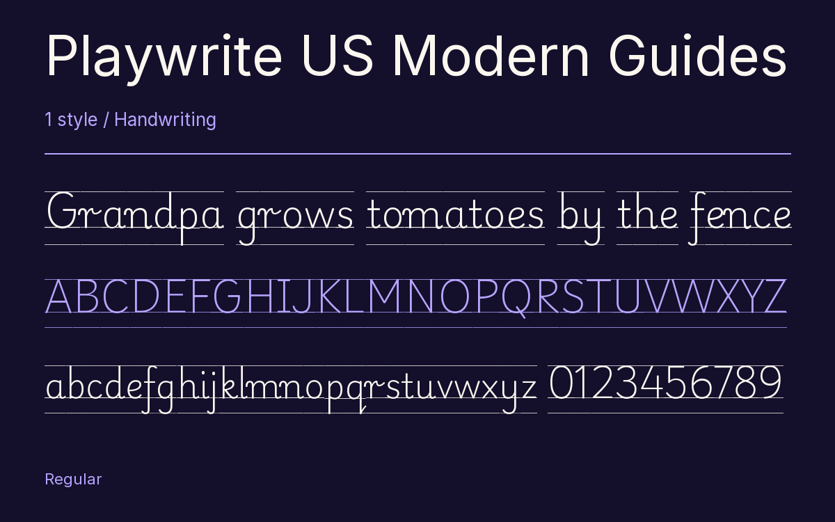 Playwrite US Modern Guides type specimen with letters and figures