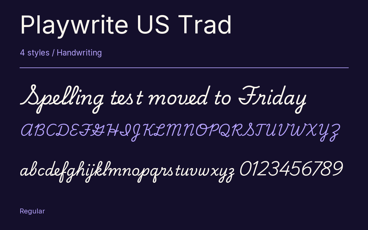 Playwrite US Trad type specimen with letters and figures