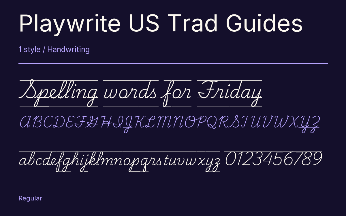 Playwrite US Trad Guides type specimen with letters and figures